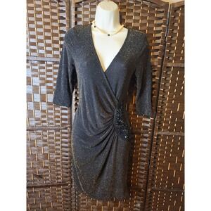 Venus Women's Black Floral Metallic‎ V-neck Party Cocktail Dress Size Small